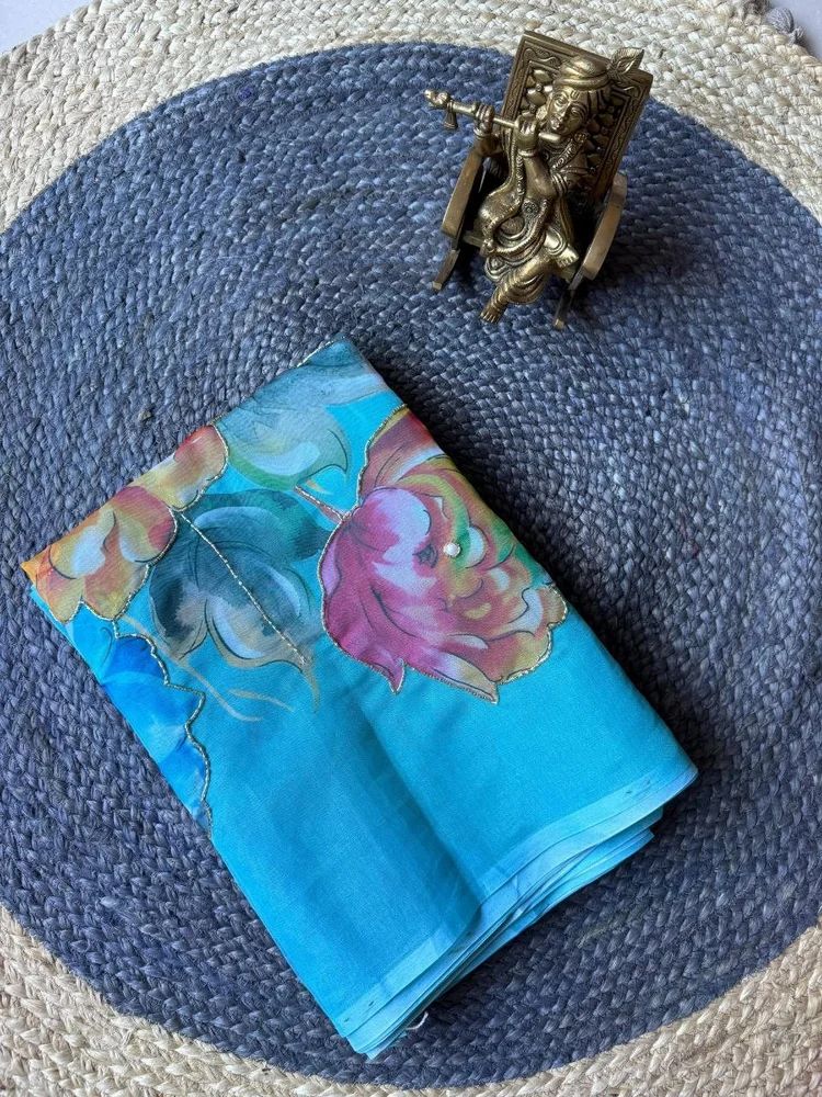 Arctic Blue Organza Handwork Saree