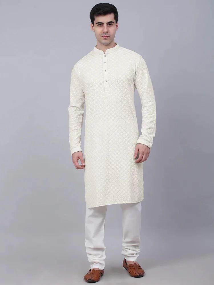 Men Embroidered, Embellished Cotton Rayon Straight Kurta