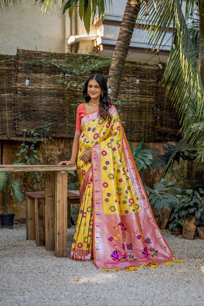 soft paithani saree with floral  zari and meena weaving pattern