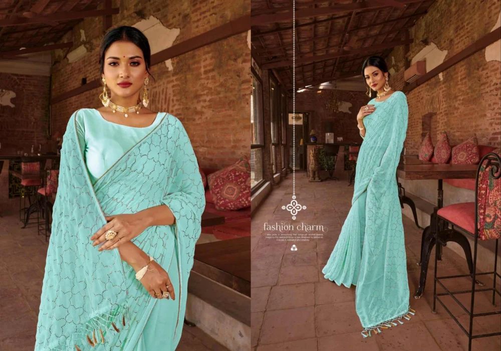 Ladies Turquoise Blue Embroidery Georgette Saree