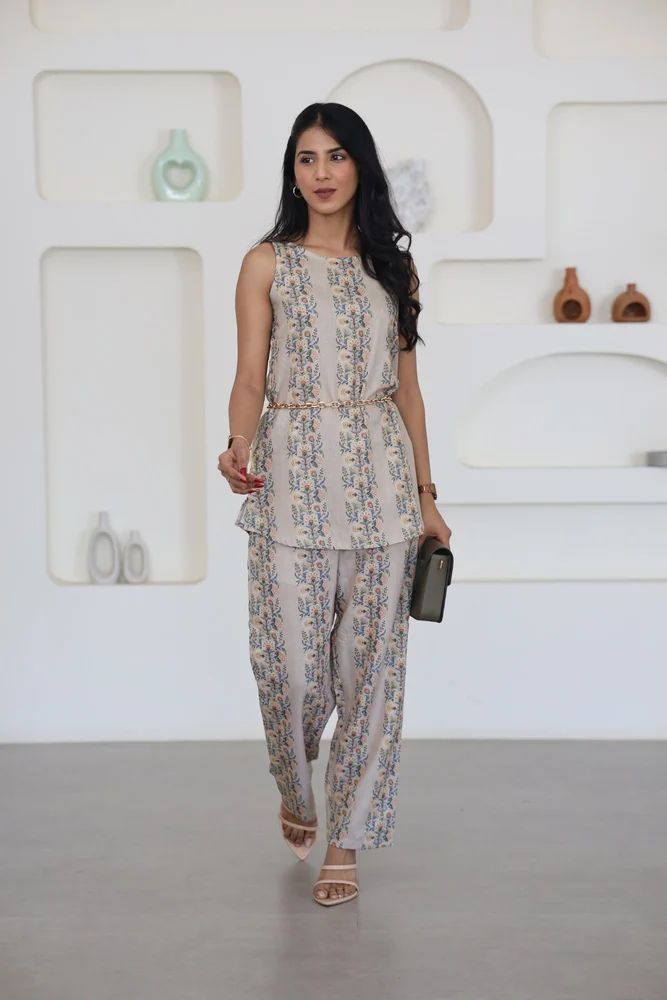 Earthy Floral Stripes Sleeveless Co Ord Set