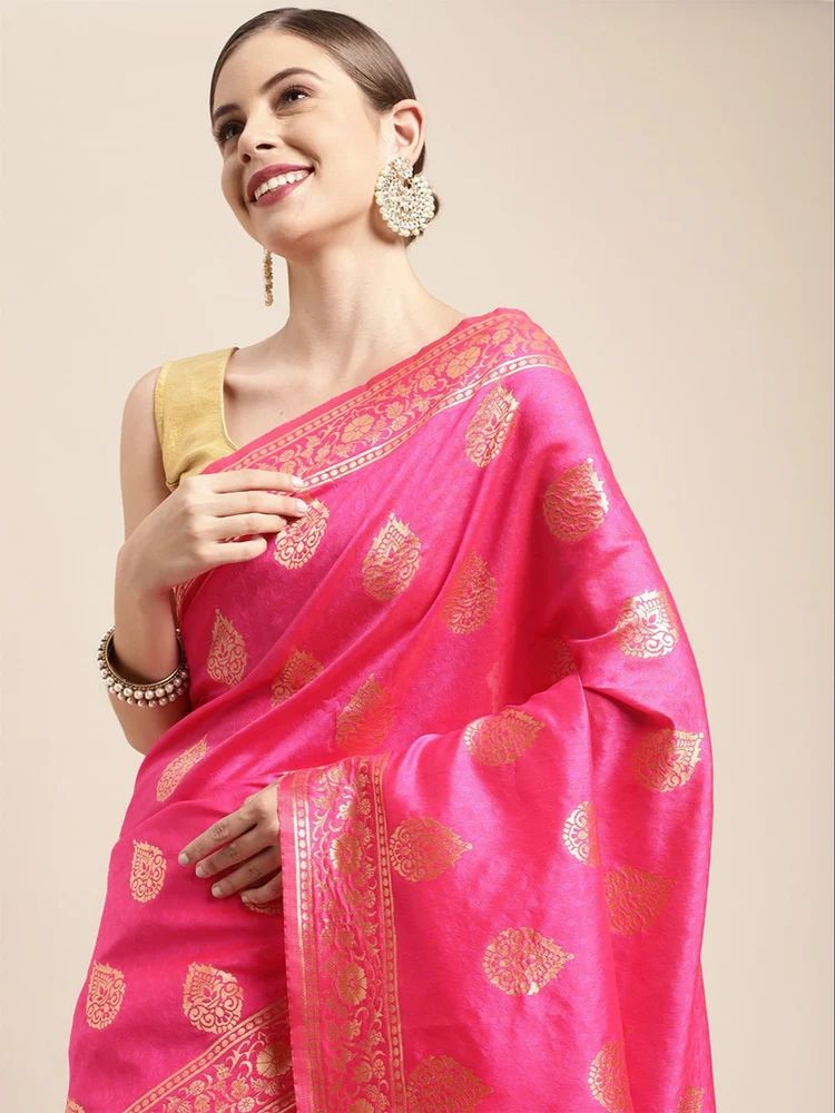 Hot Pink Silk Blend Jacquard Golden Zari Woven Floral Pattern Motifs Traditional