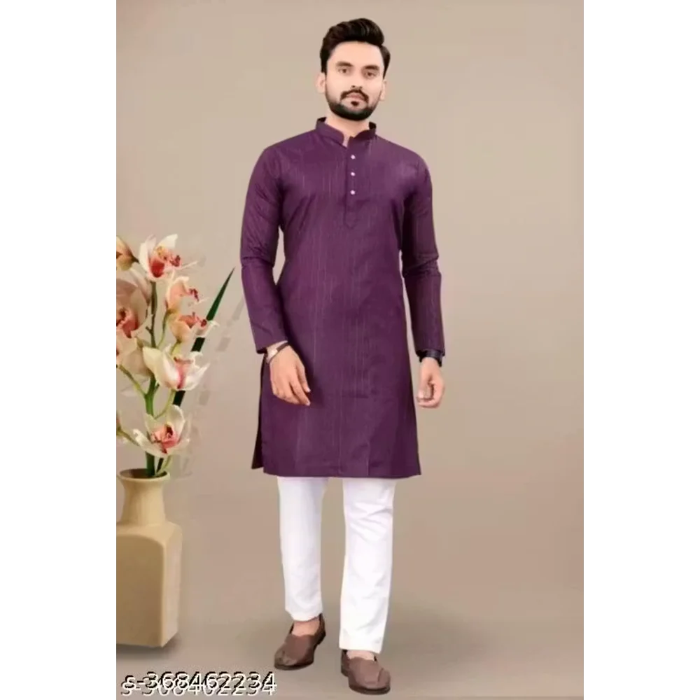 Men Purple Cotton Blend Plain Kurta