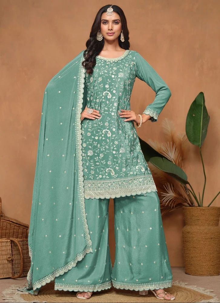 Silk Chinon Palazzo Suit With Sequin Embroidery Work, 3-Piece Set
