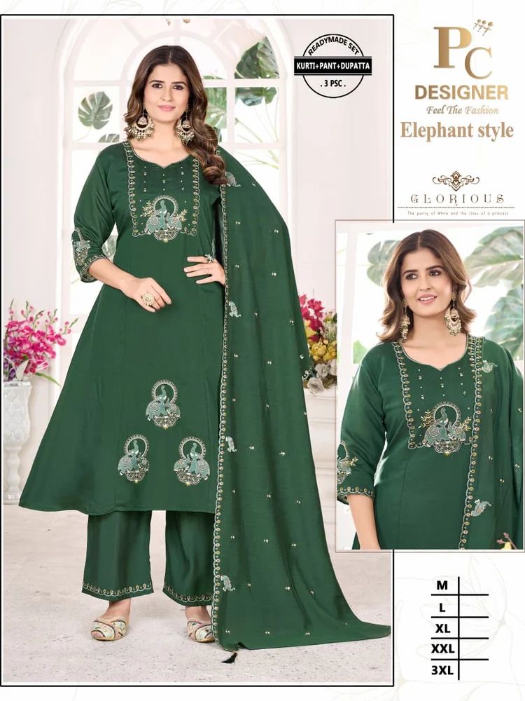 Ladies Elephant Style Slub Rayon   Kurti Pant Dupatta  Set