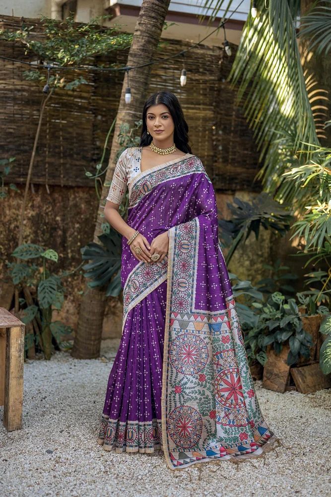 Soft Tussar Silk with beautiful Madhubani print and claasic bandhani pattern saree