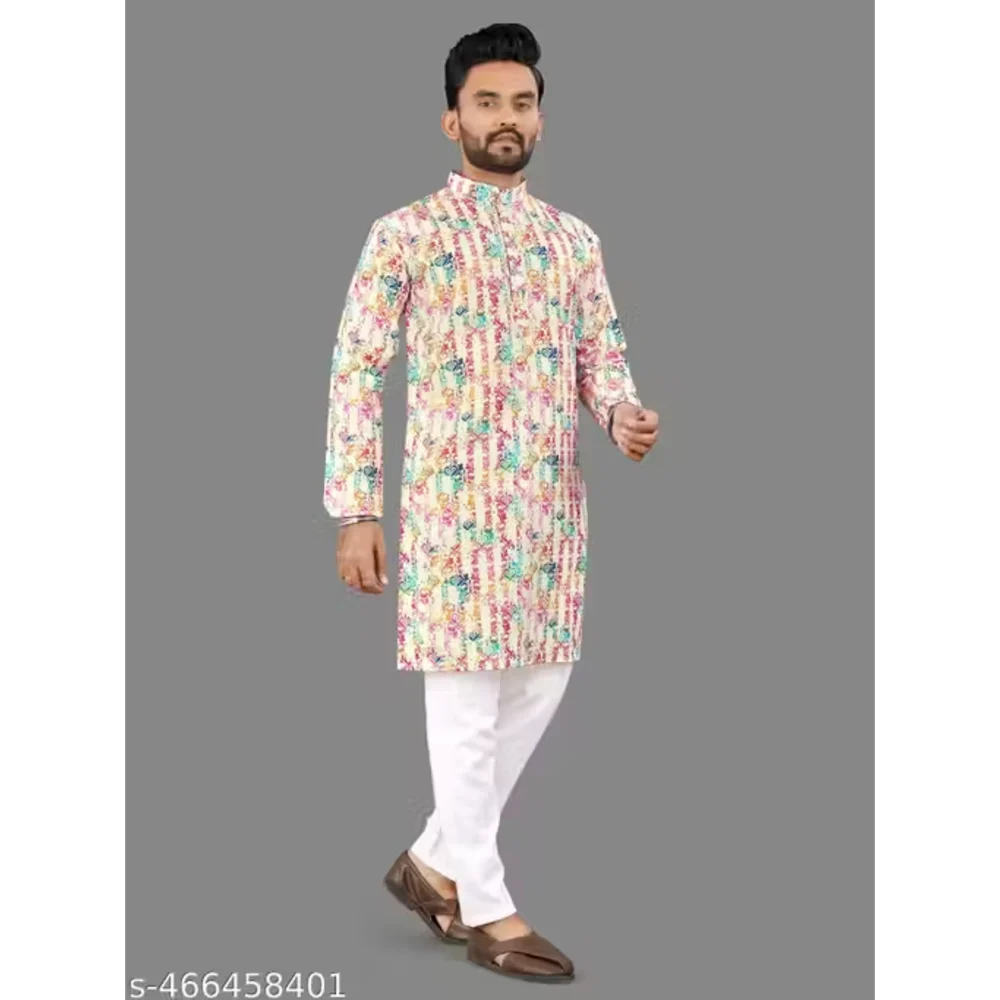 Men Light Pink Cotton Blend Printed Kurta