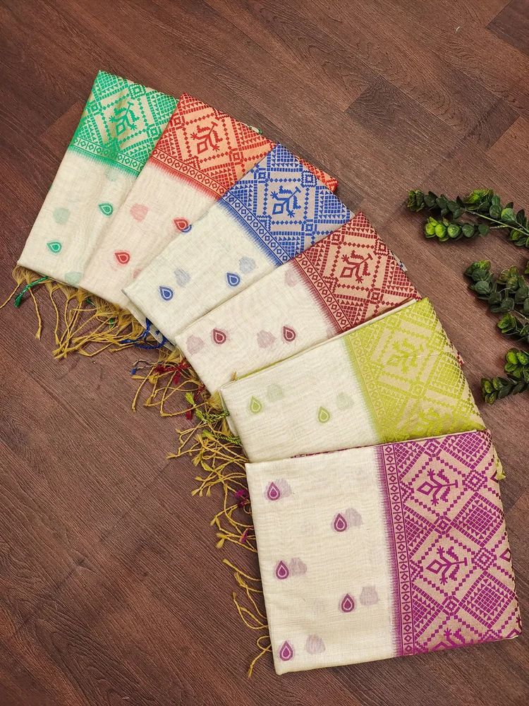 Premium soft muga cotton saree Contrast jamdani type zari weaving pallu