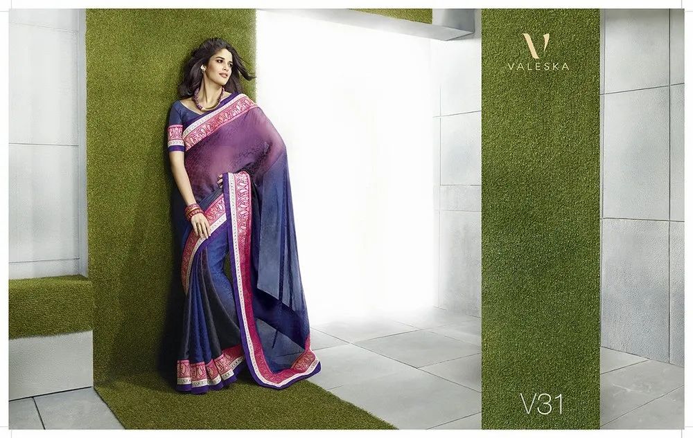 Printed Bordered Blue Net Saree