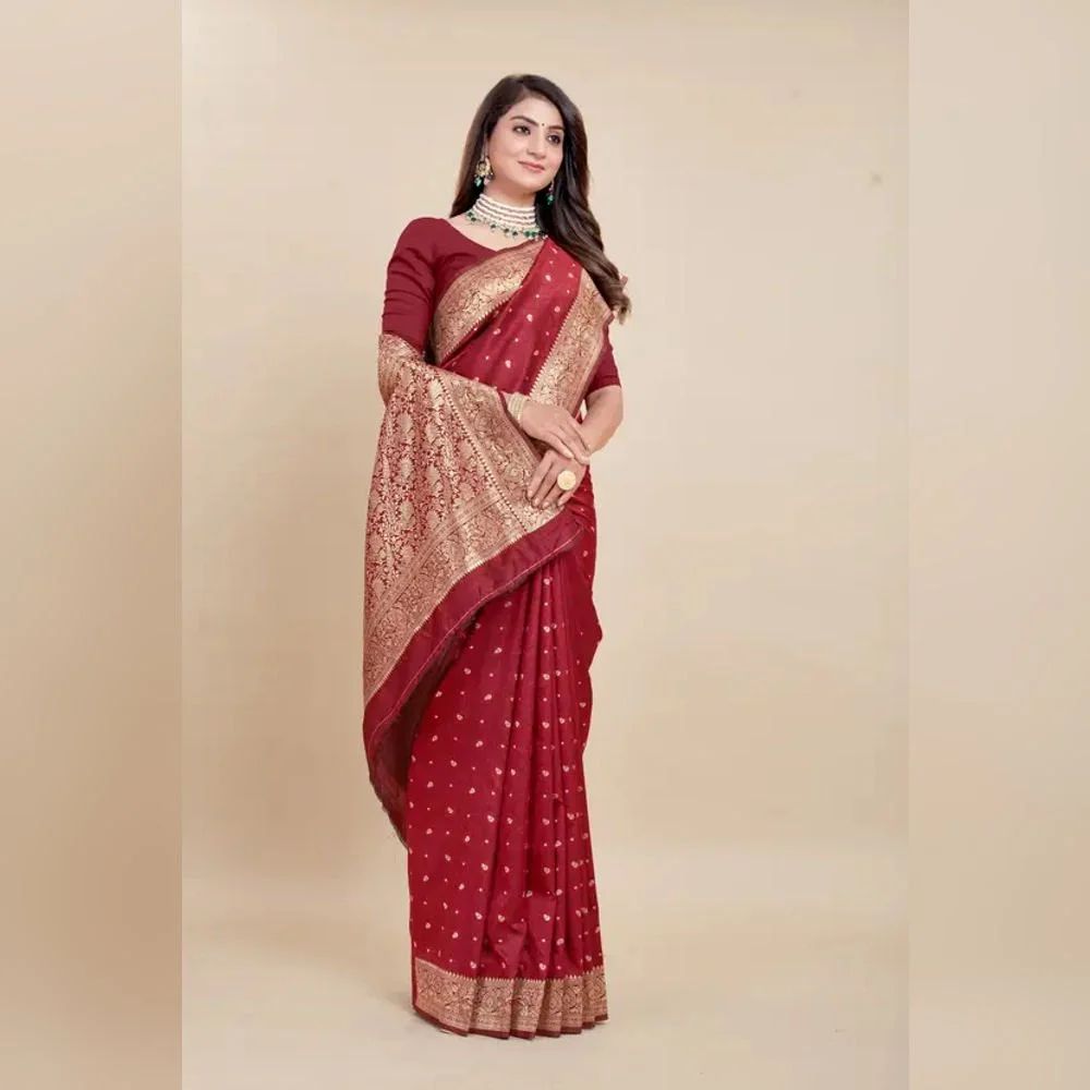 Ladies Silk Maroon Printed Banarasi Saree
