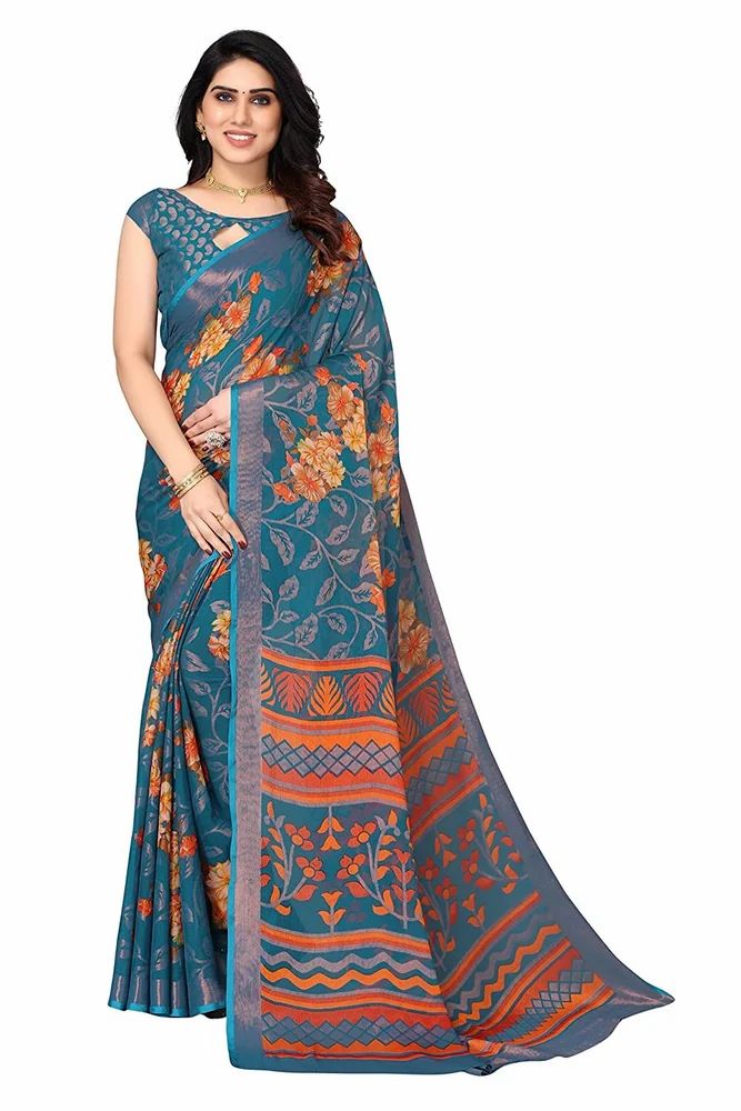 Two Toned Floral Printed Soft Chiffon Brasso Saree