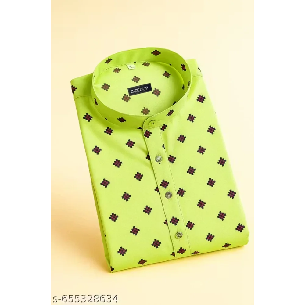 Men Light Yellow Cotton Blend Printed Kurta