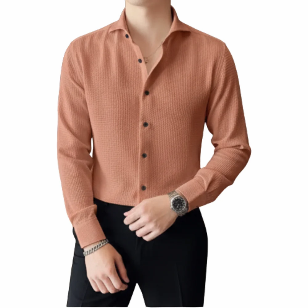 Full Sleeve Men Peach Bubble Shirt, Plain