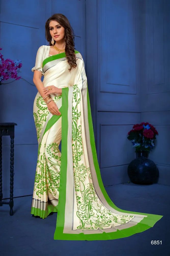 Green & Beige Satin Silk Classic Saree