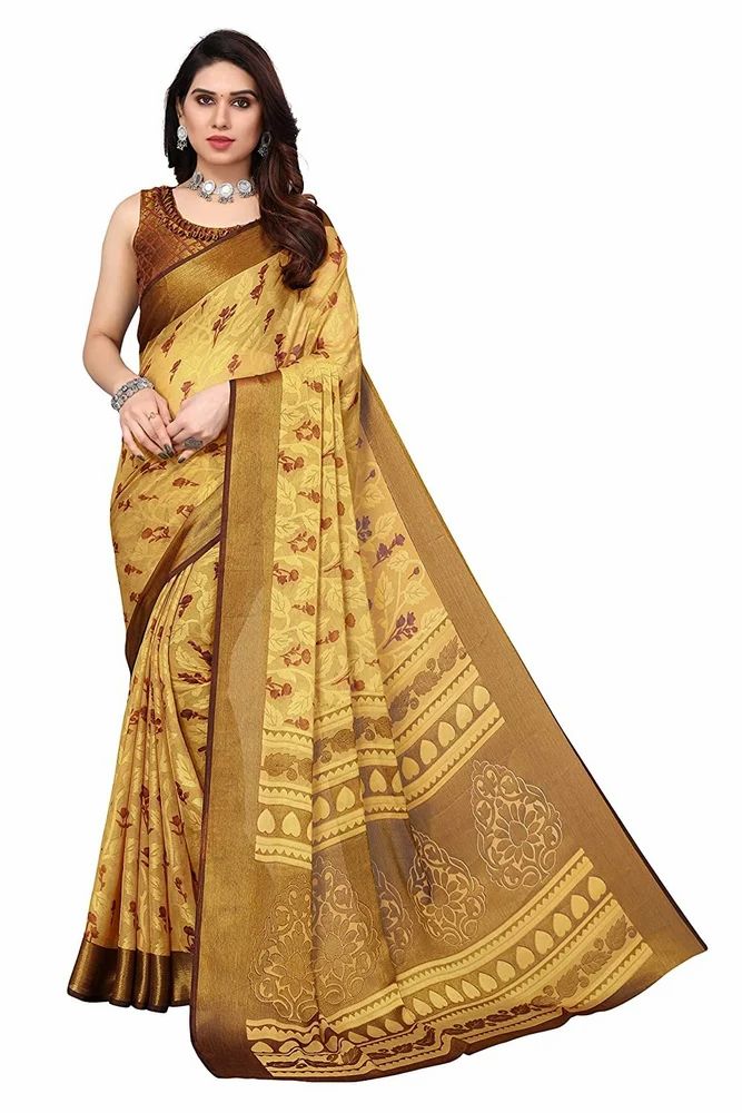 Leeza Store Gold Toned Floral Printed Soft Chiffon Brasso Saree With Ethnic Motifs On Pallu