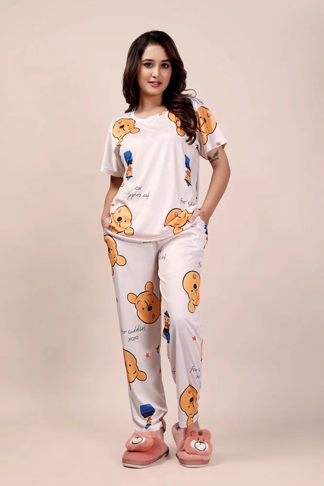 Women Nightwear Set Cream Teddy Bear Printed Sleepwear