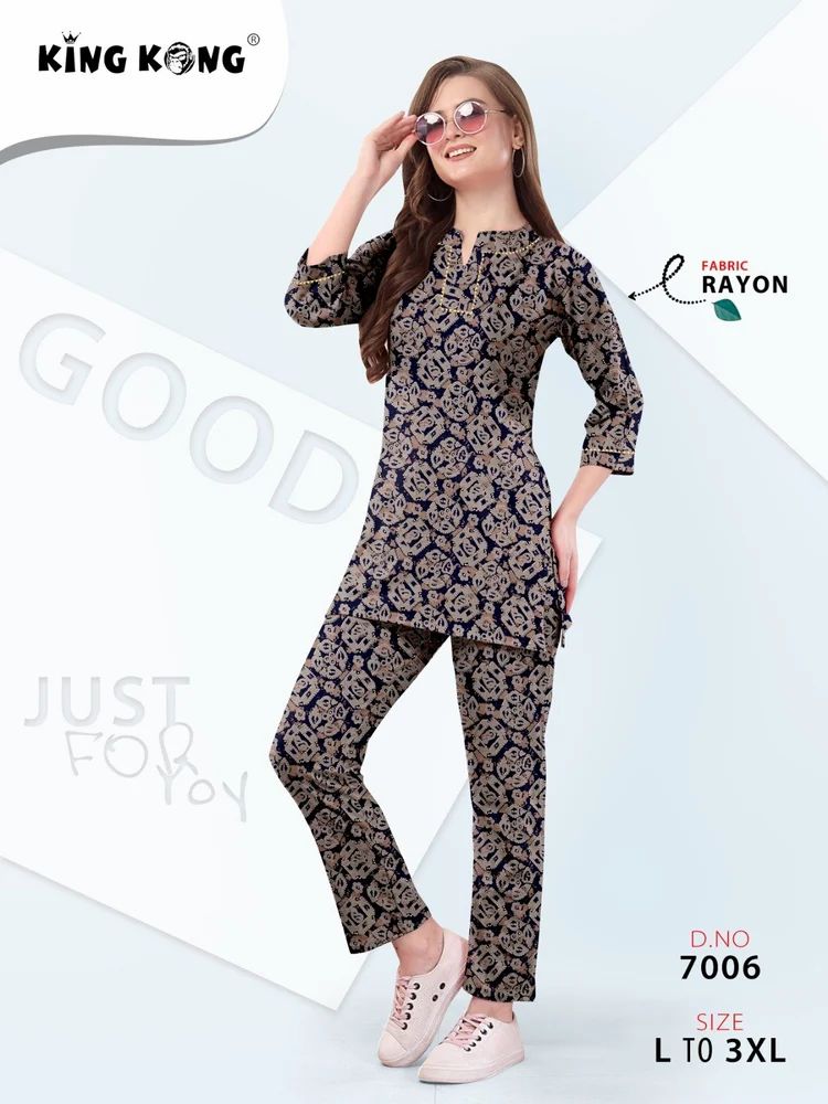 Stylish Ladies' Rayon Printed Co-Ord Set - 3/4 Sleeves, Sizes L to 3XL