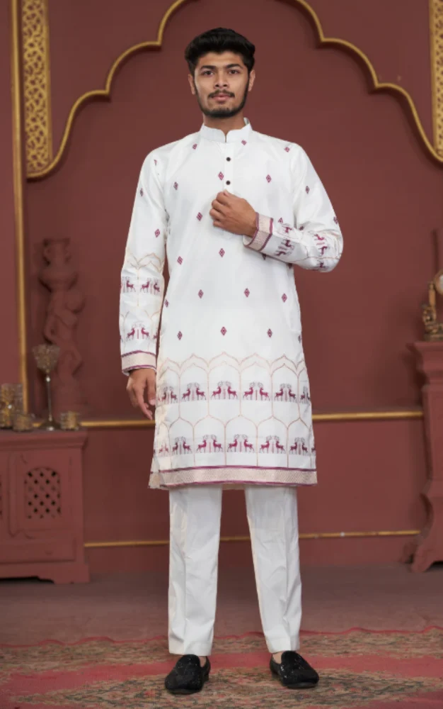 Off White Deer Men Cotton Kurta
