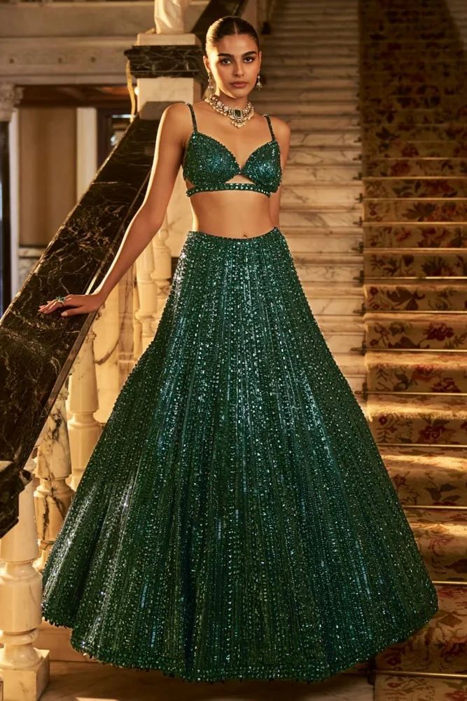 Designer Green Heavy Sequins Lehenga Choli with Stylish Bralette Blouse)