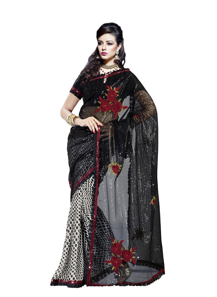 Black and Off White Net and Faux Georgette Saree