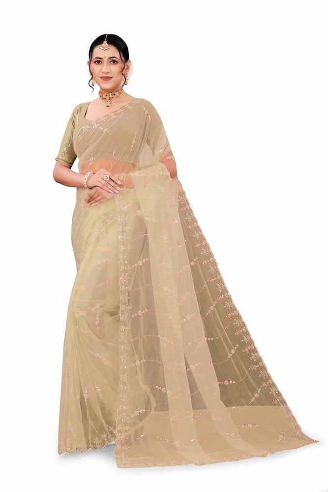 Women's Light Cheeku Soft Net Saree with Beads Work
