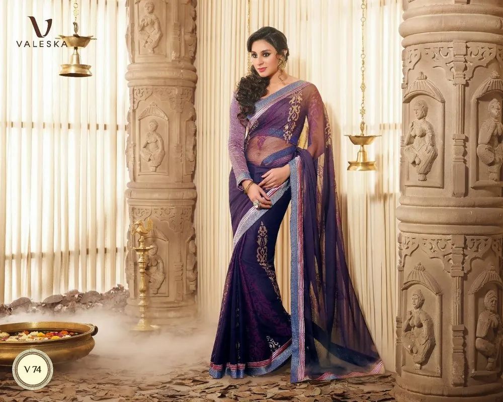 Amazing Blue Color Faux Chiffon Printed Saree