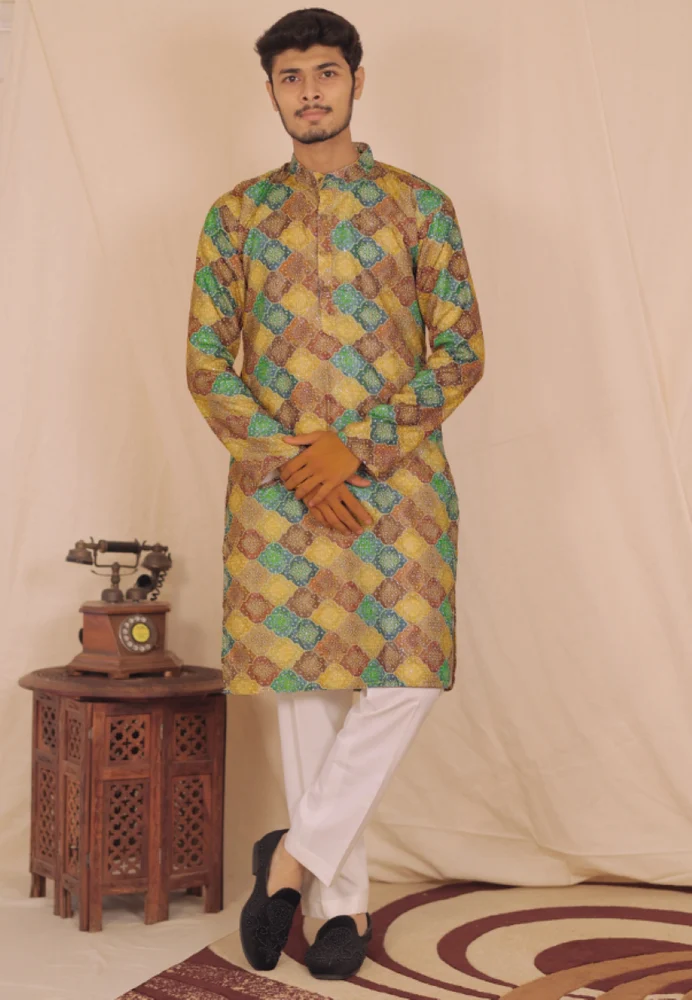 Yellow Puff Bandhani Digi Men Cotton Kurta