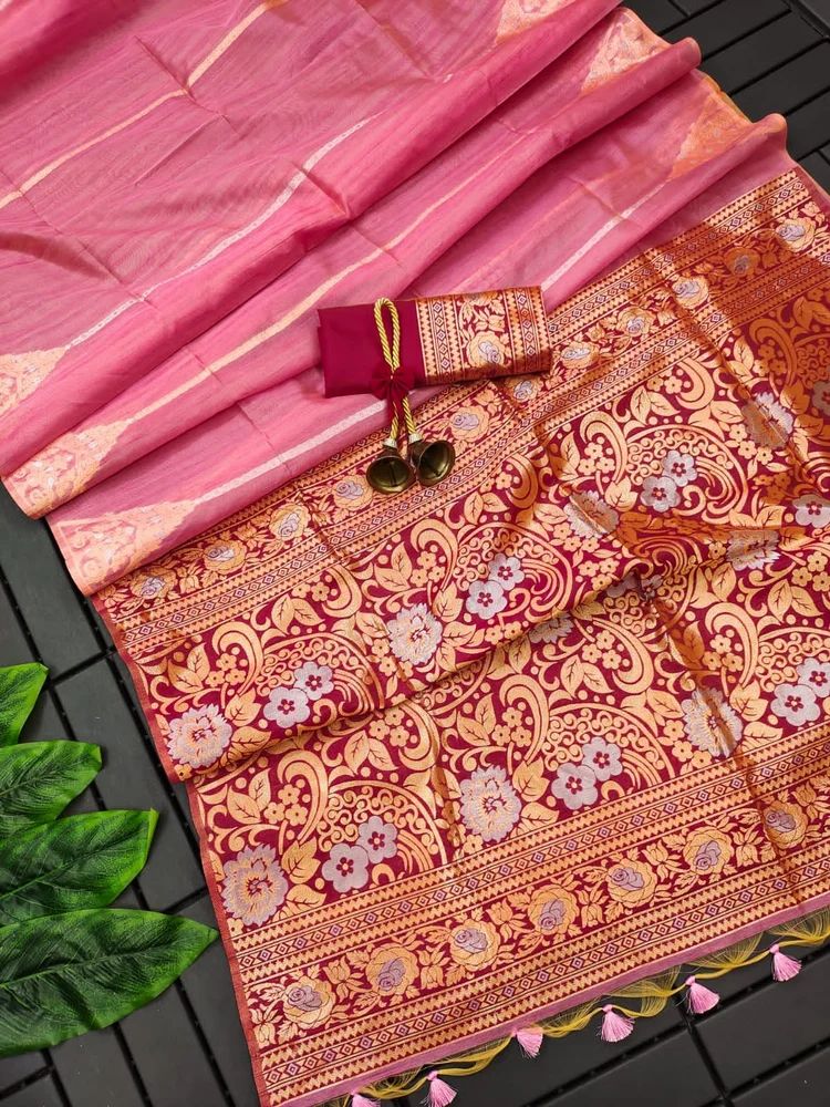 Tussar silk saree with unique temple border and fancy pallu with contrast blouse piece