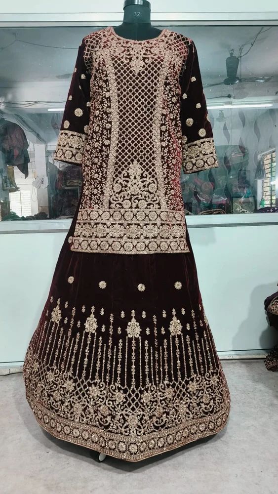 Jaal Pattern Dark Brown Velvet Thread Bridal Lehenga