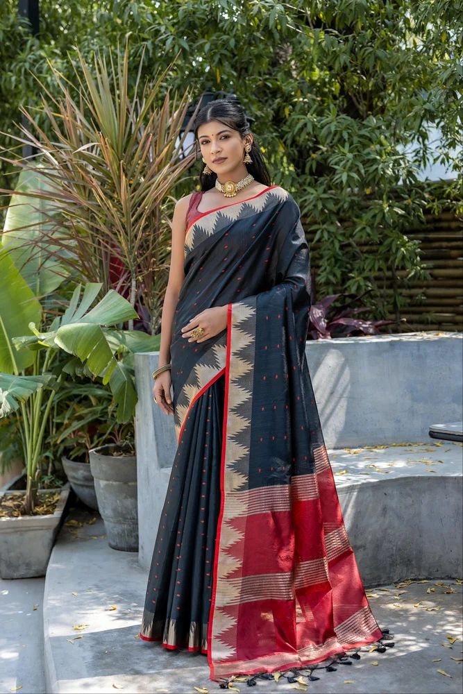 SEMI TUSSAR SILK SAREE WITH ALL OVER BANDHANI STYLE WITH ZARI LINNING PALLU