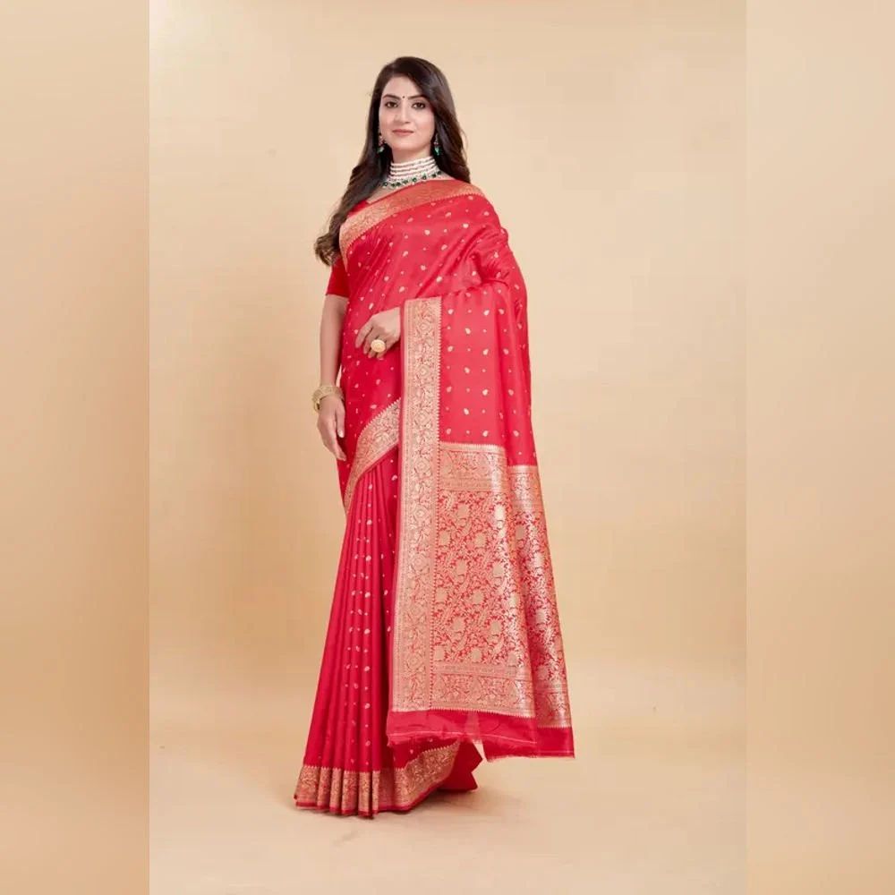 Ladies Silk Red Printed Banarasi Saree