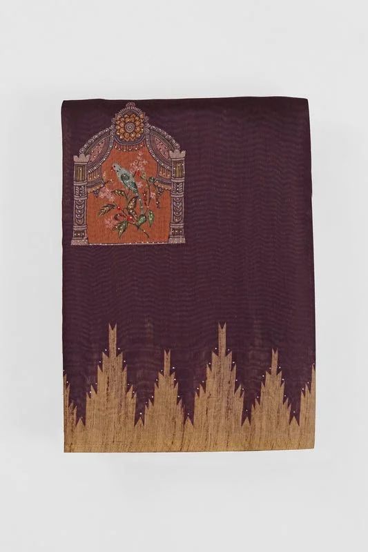 Brown Mughal Bird Print Handwork Chanderi Cotton Saree