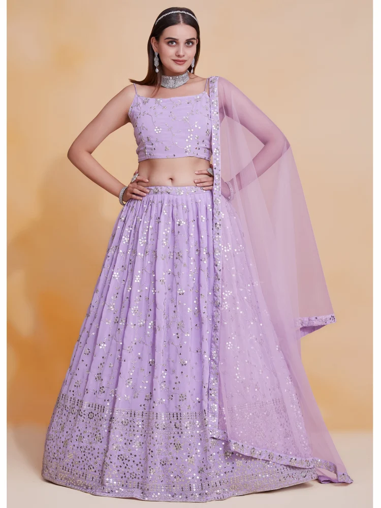 Lavender Georgette Zari Sequence Embroidery Work Lehenga Choli Manufacturer