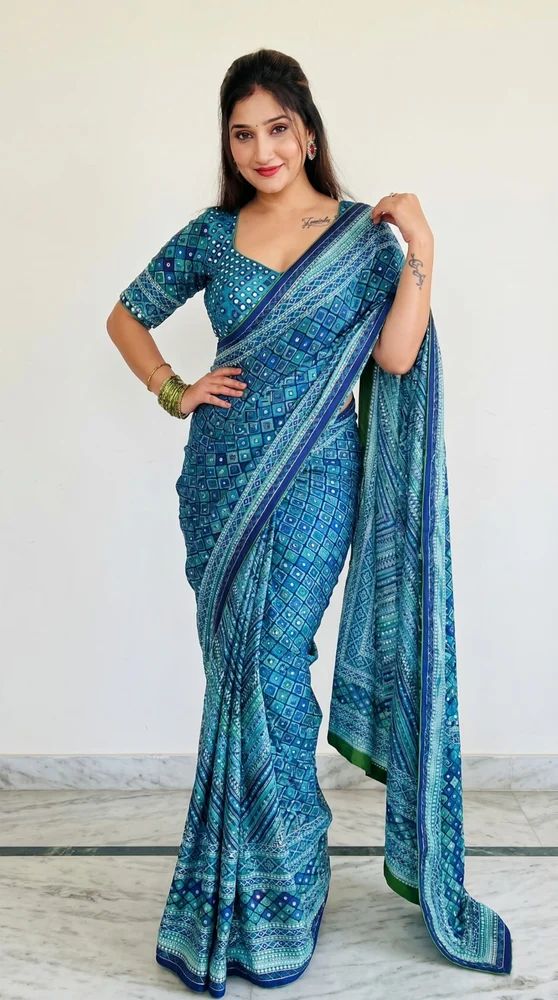 New mirror work chinon saree