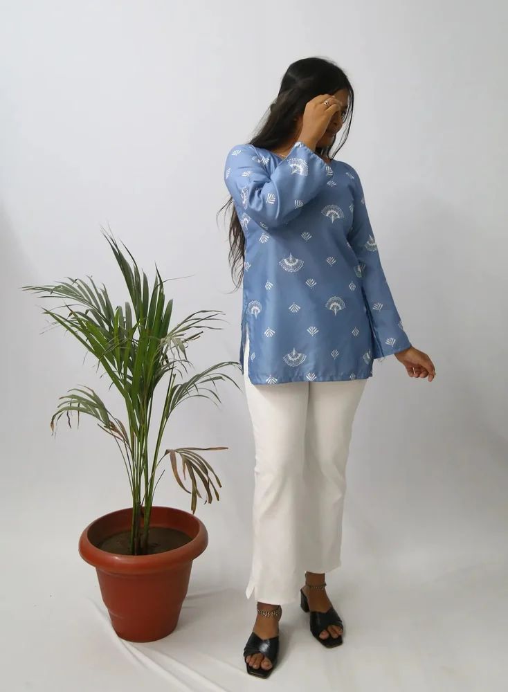 Marble Blue Printed Rayon Short Ladies Kurti