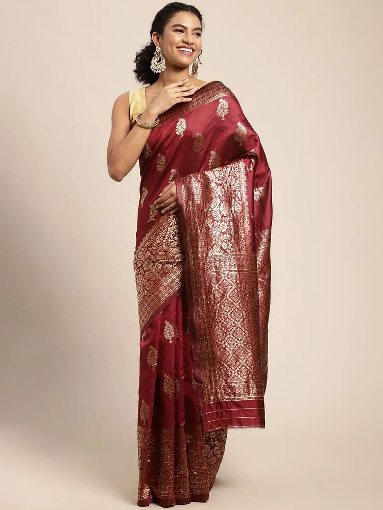 Maroon Silk Blend Jacquard Woven Golden Zari Tree