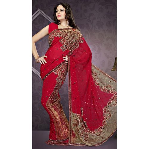 Alluring Red Stones Enhanced Sarees