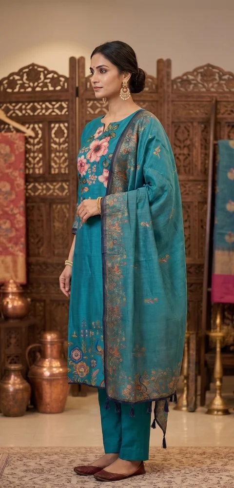 Teal Green Chanderi Cotton Suit Set