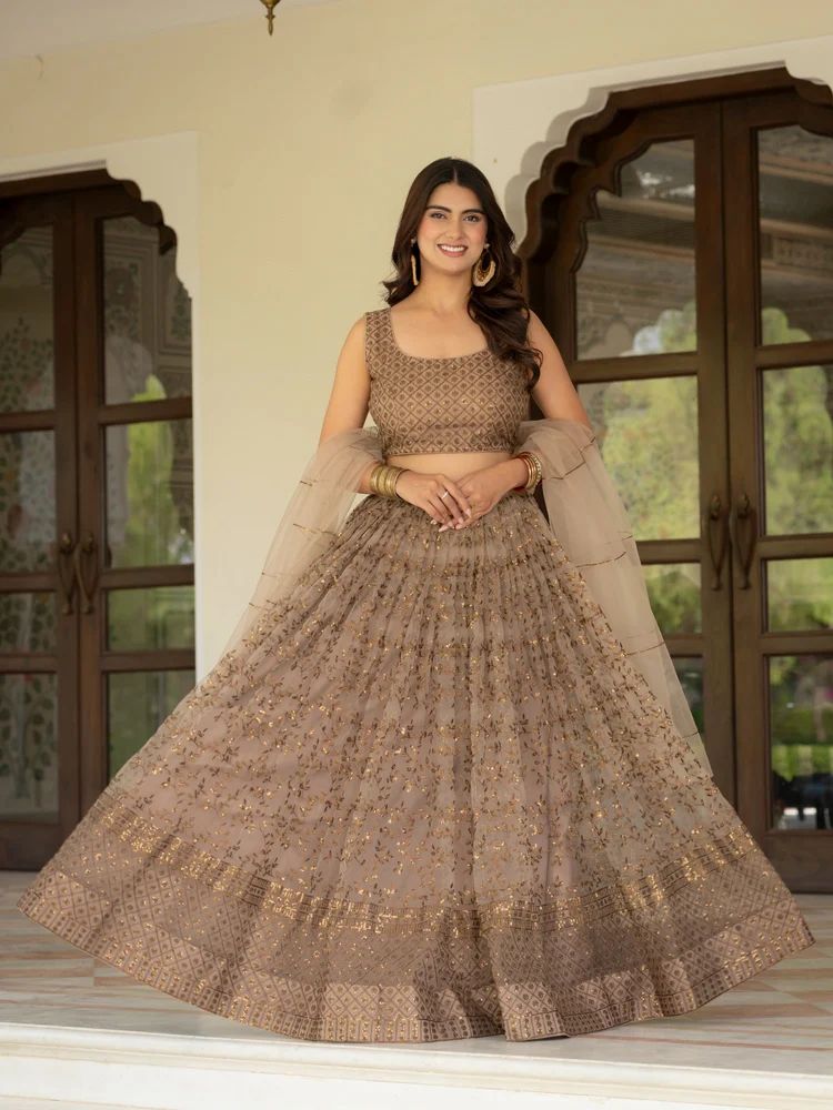 TRENDY CULTURE'S Pretty Soft Net  Brown Lehenga