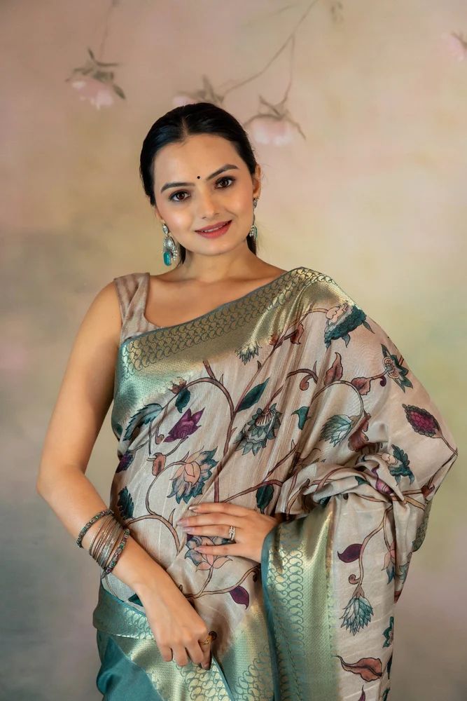 Metallic Kalamkari Print Jacquard Saree