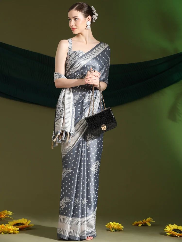 Ladies Leaf Printed Silver Art Silk Saree