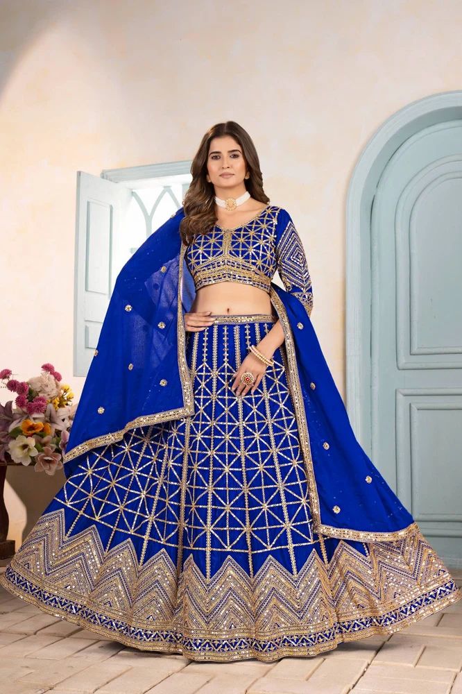 Deep Embroidered Chinon Lehenga Choli Set with Sequin & Cording Work