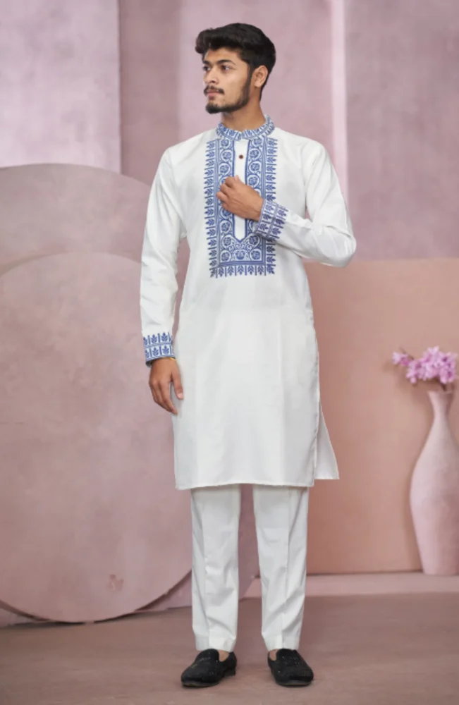 White Ferry Box Men Cotton Kurta