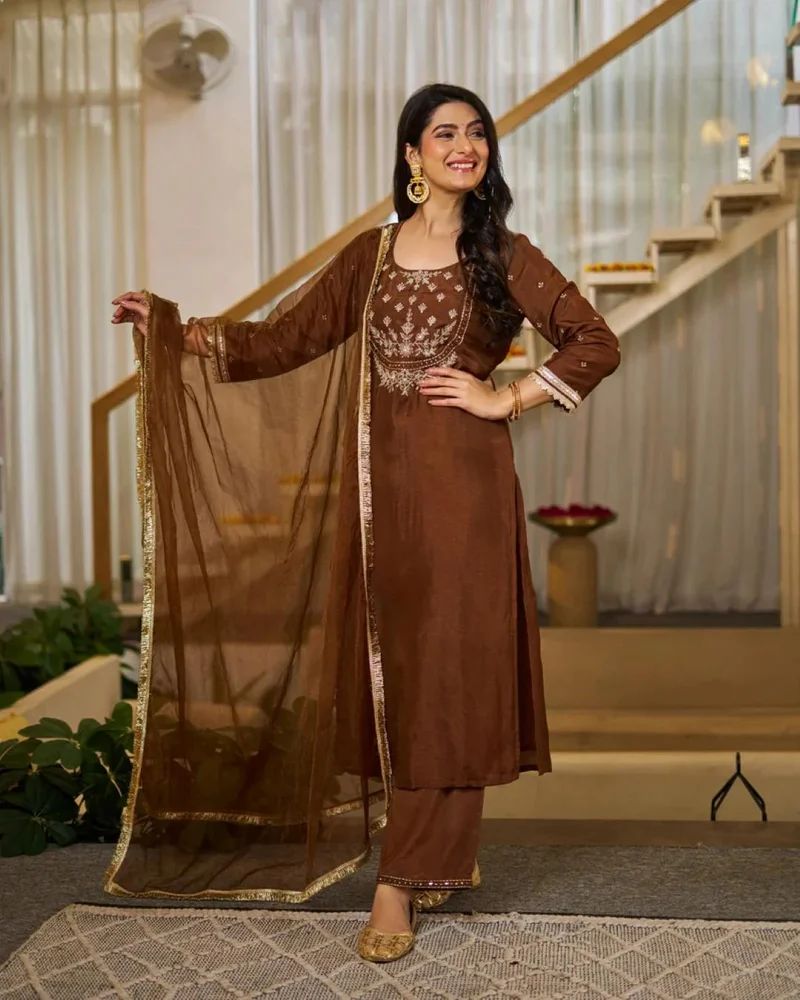 Ladies Coffee Vichitra Silk Kurta Festival Wear Pant Set