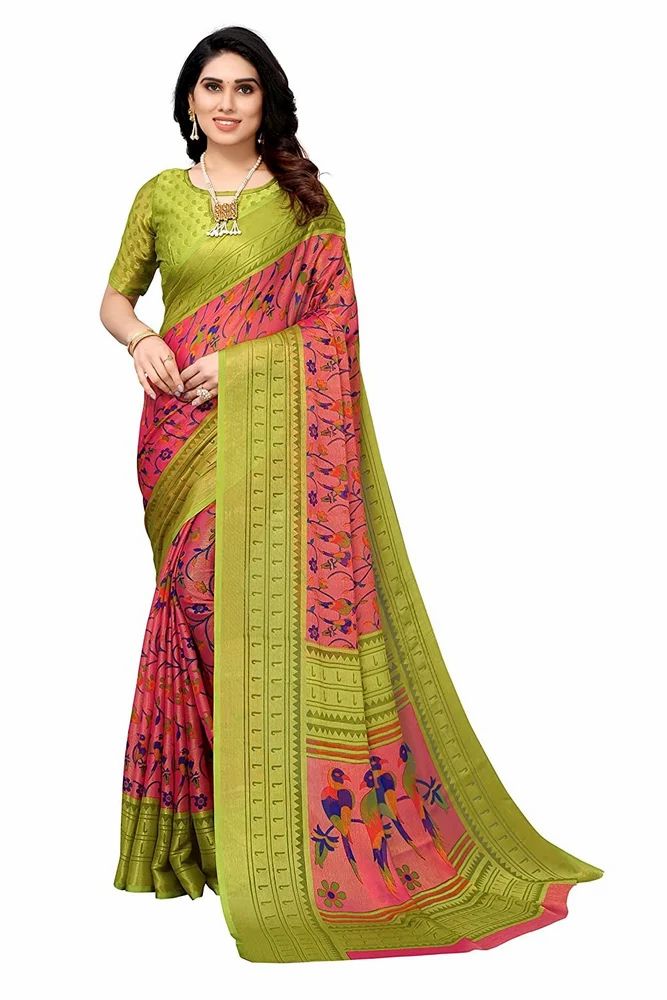 Floral-Parrot Printed Soft Chiffon Brasso Saree