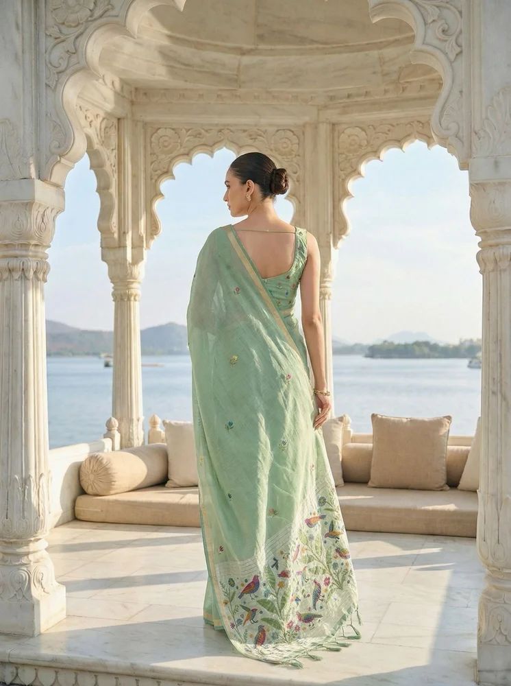 Pista Green Jamdani Cotton Saree