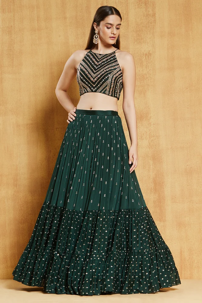 Dark Green Georgette Sequence Ruffle Style Lehenga Choli