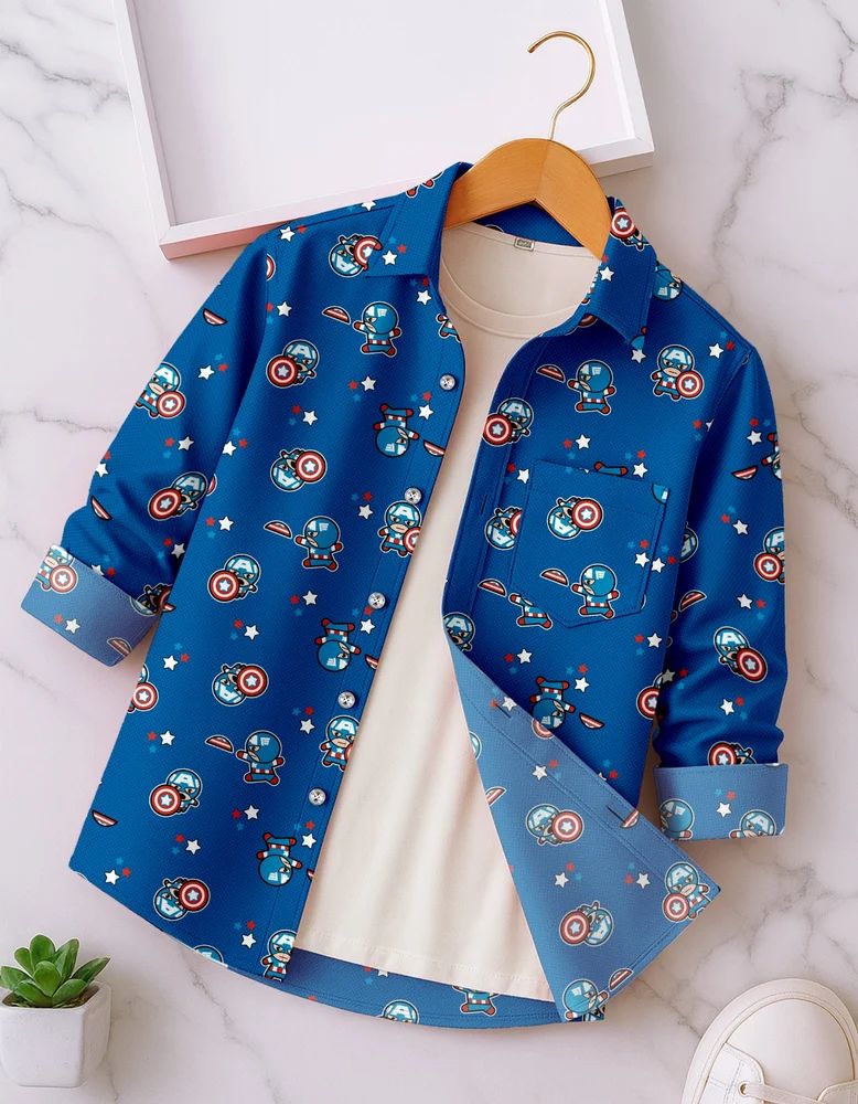 Dark Blue Boys Rayon Cartoon Print Shirt