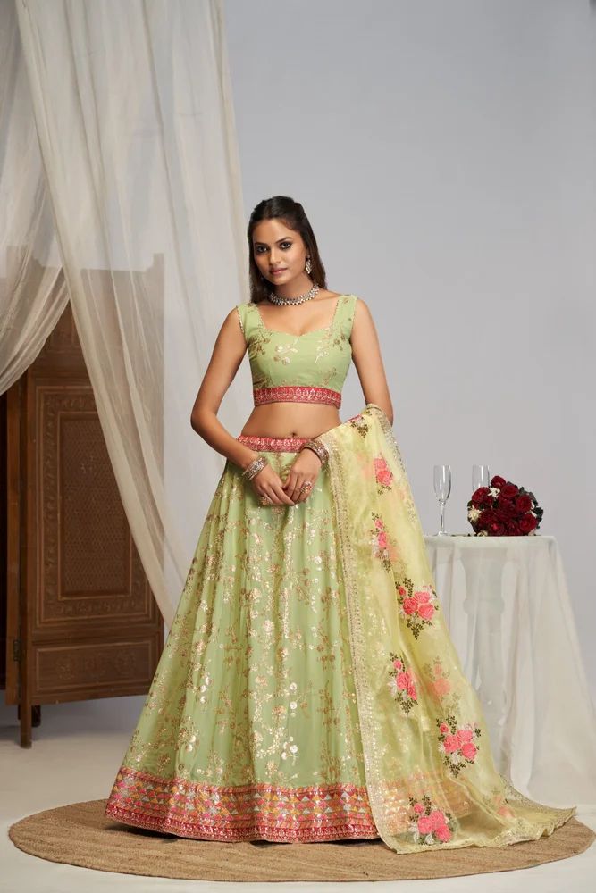 Light Green Zari Georgette Sequence Embroidery Work Floral Print Lehenga choli