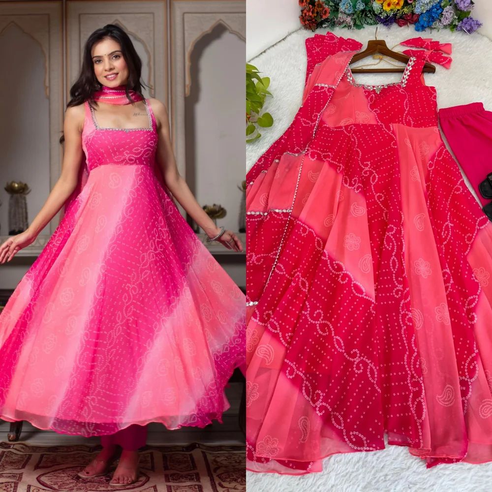 designer real mirror work bandhani print gown with pant and dupatta
